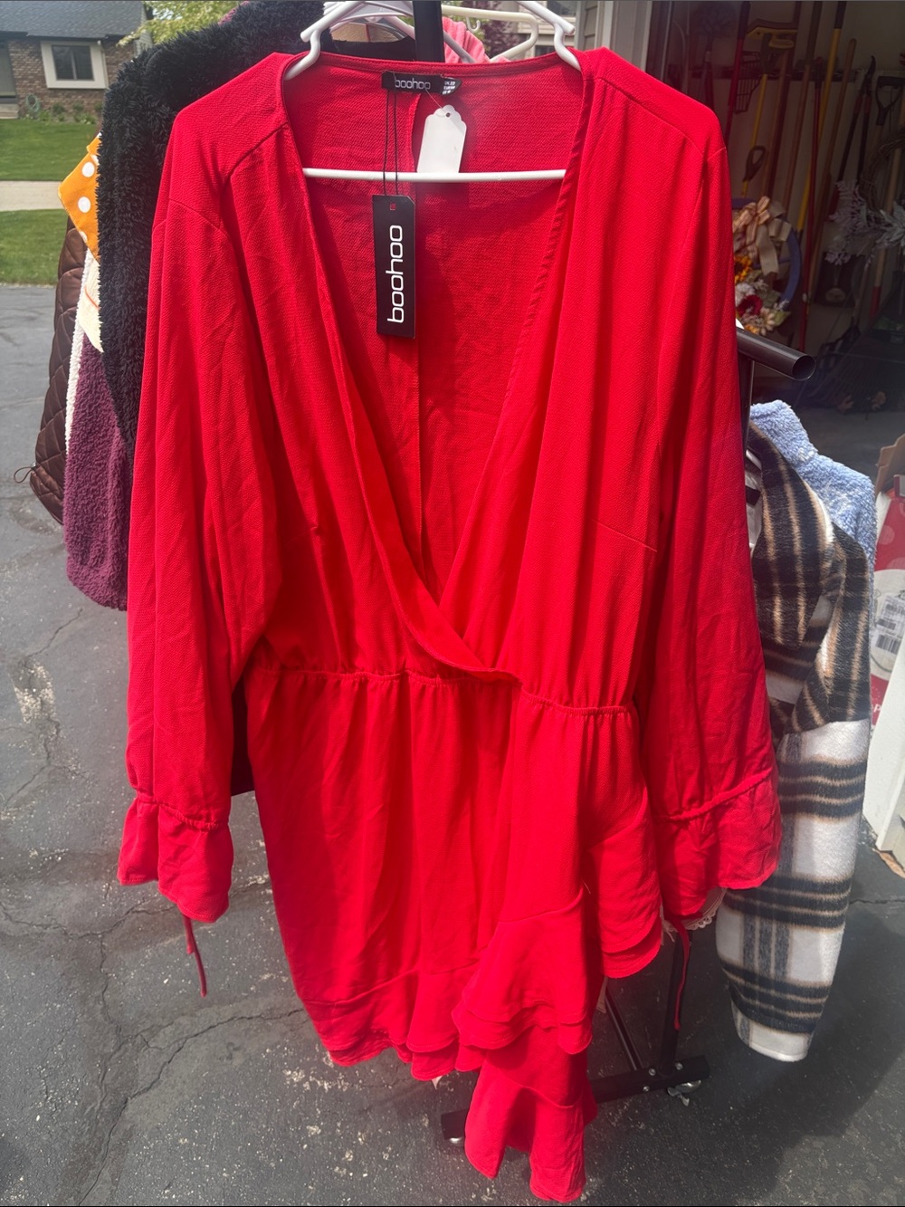 Boohoo Red Long Sleeve Wrap Peplum Tunic